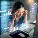 A person surrounded by information, appearing mentally overwhelmed