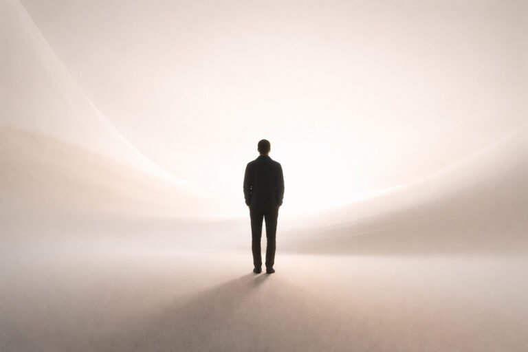 Human figure in a calm, minimal environment symbolising life beyond AI