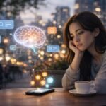 A woman sitting with her phone and coffee, lost in thought, symbolising how constant screens and AI reduce attention in everyday life