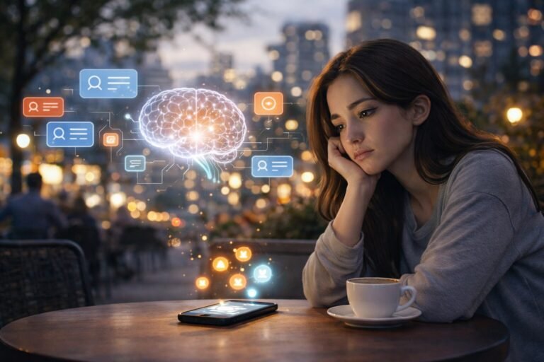 A woman sitting with her phone and coffee, lost in thought, symbolising how constant screens and AI reduce attention in everyday life