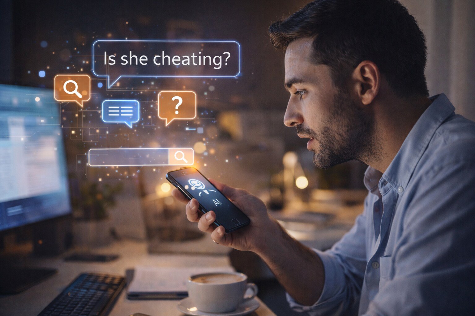 A man looking at his phone and asking “Is she cheating?”, showing how people turn to AI for personal relationship questions