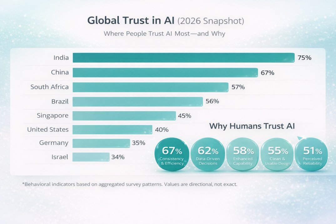 Infographic showing global trust in AI by country and key behavioral reasons people trust AI systems in 2026