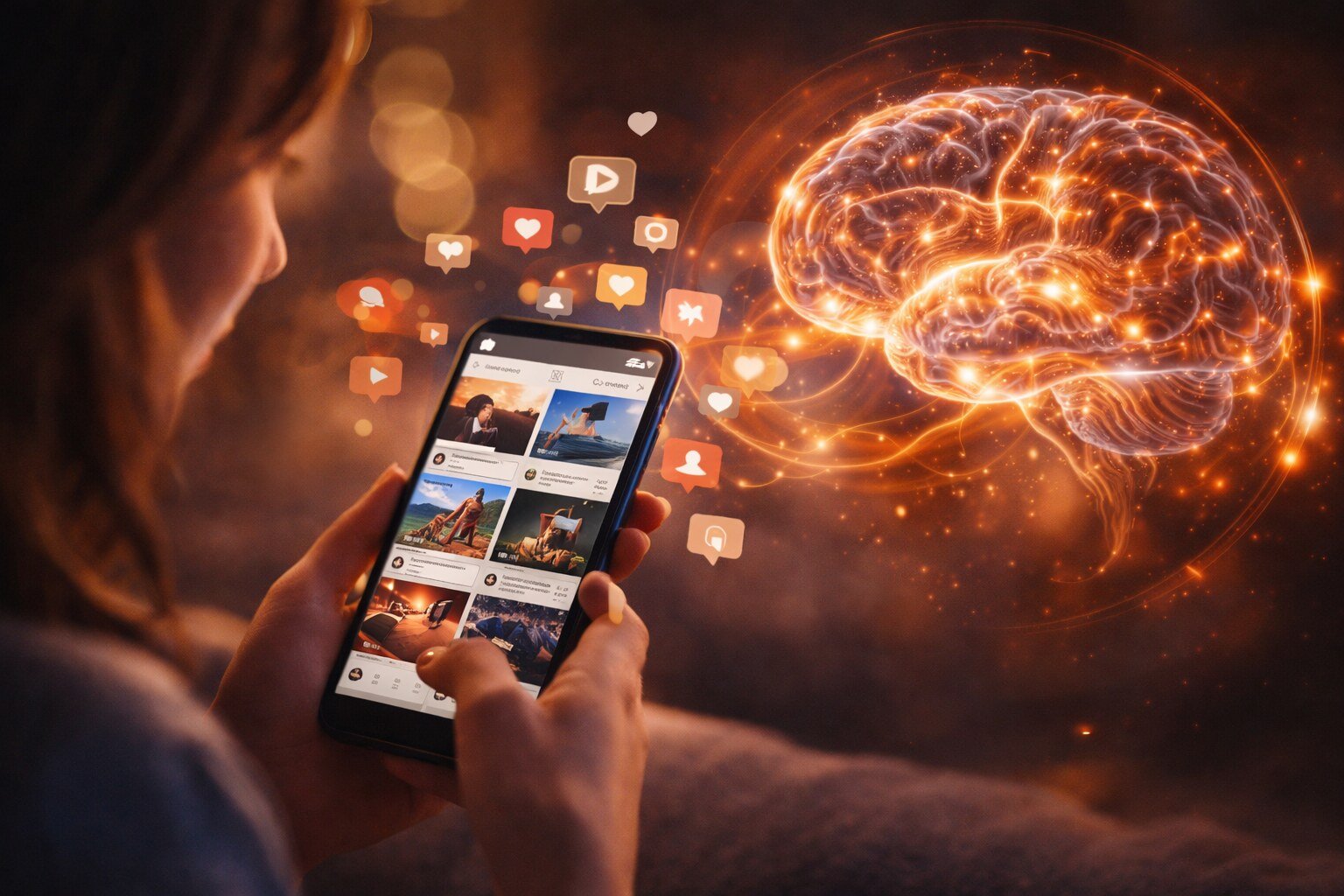 Woman scrolling on smartphone with floating social media icons and brain illustration, showing how screens shorten attention span and impact focus