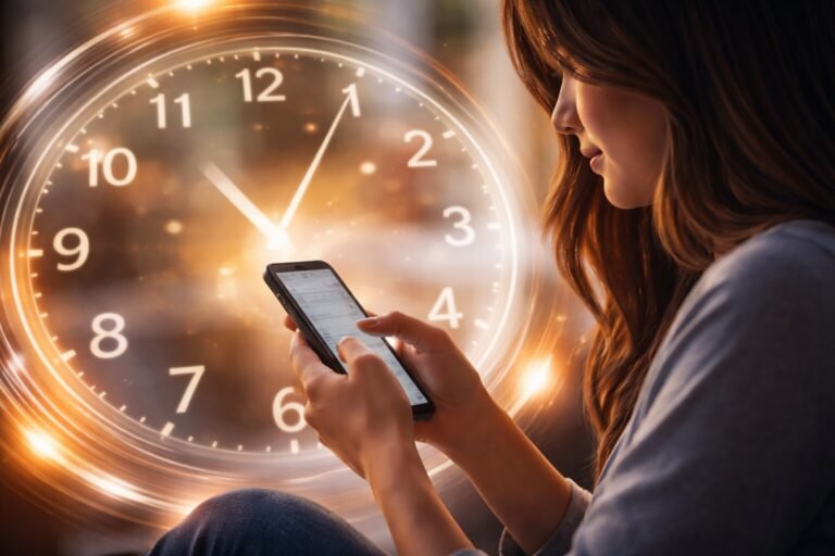 Person scrolling on smartphone with blurred clock overlay, illustrating how screens change perception of time and make hours pass quickly
