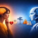 Young adult reflecting while facing an AI robot, symbolizing reliance on AI for thinking and decision making