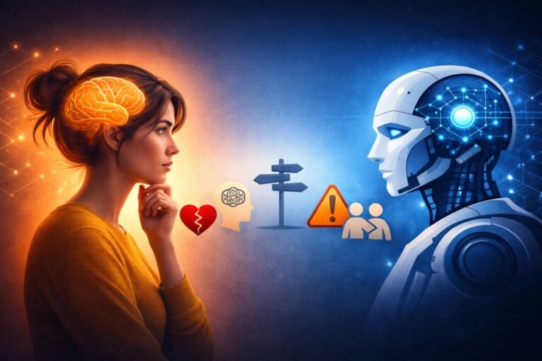 Young adult reflecting while facing an AI robot, symbolizing reliance on AI for thinking and decision making