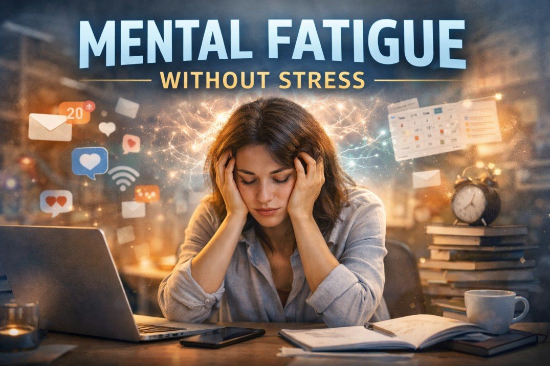 Woman sitting at a desk looking mentally exhausted, surrounded by floating emails, social media notifications, and digital devices, representing modern mental fatigue without stress