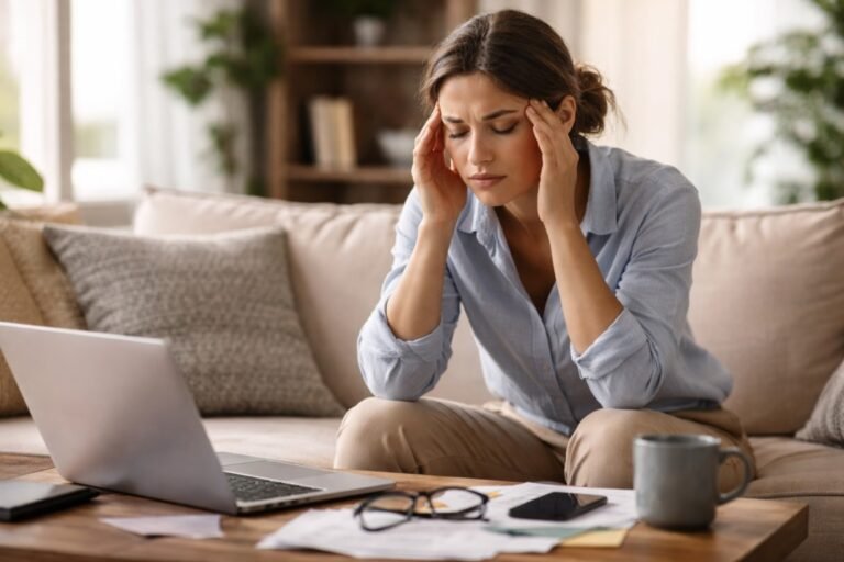 Young woman sitting on a sofa, holding her head in exhaustion with a laptop, smartphone, and documents on a coffee table, representing mental fatigue without stress