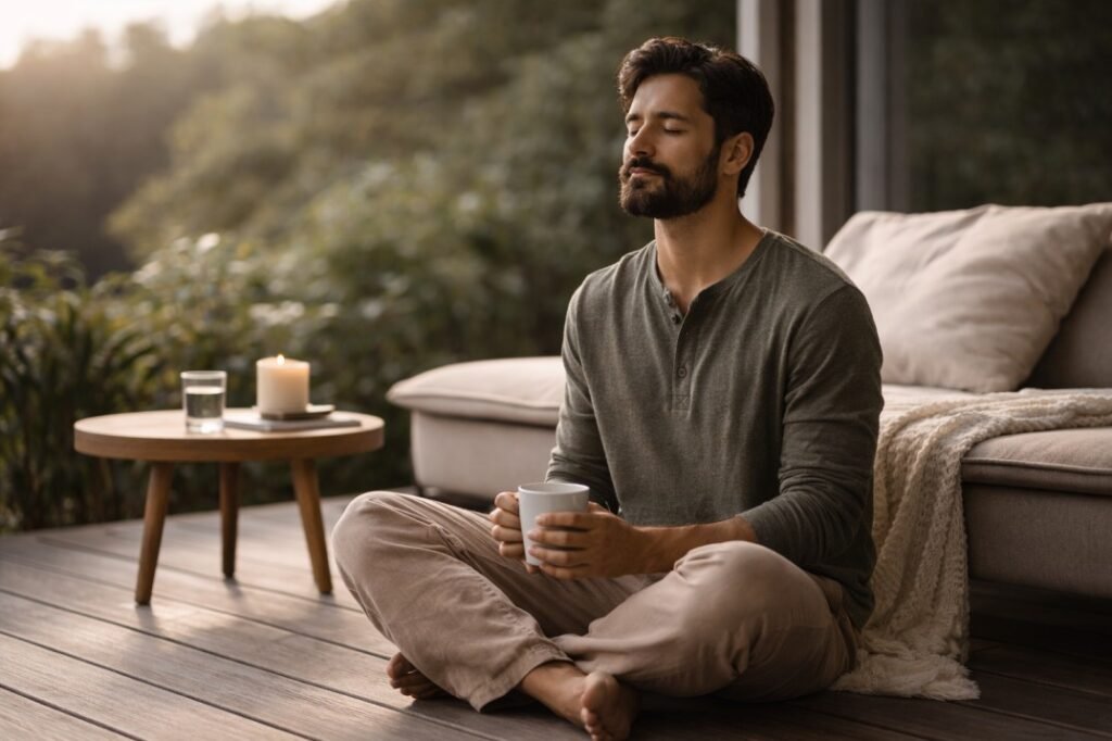 Man sitting quietly with a cup during evening downtime, reflecting restlessness during rest and struggle to relax after work.