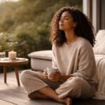 Woman sitting cross-legged with eyes closed holding a mug during quiet rest at home, representing tired but wired feeling and difficulty relaxing.