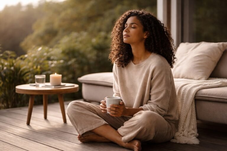 Woman sitting cross-legged with eyes closed holding a mug during quiet rest at home, representing tired but wired feeling and difficulty relaxing.