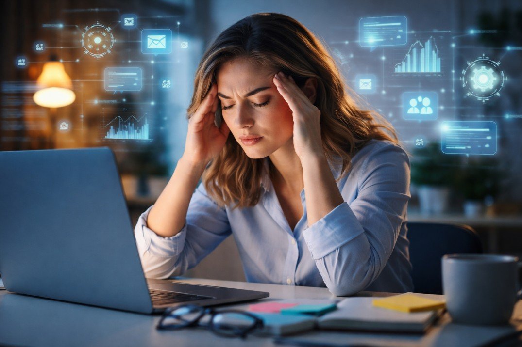 Woman feeling mentally exhausted while working on laptop with digital interface elements around her