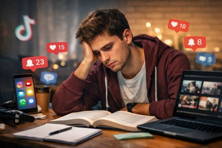 21-year-old college student struggling to focus on studying while social media notifications and videos distract him on laptop and phone.