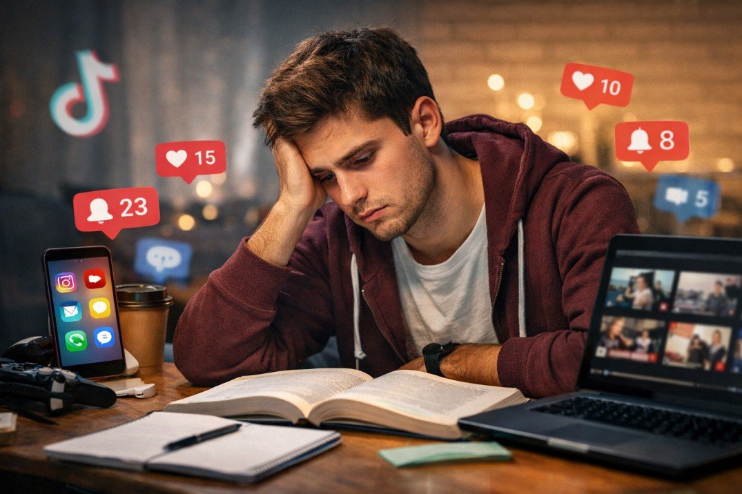 21-year-old college student struggling to focus on studying while social media notifications and videos distract him on laptop and phone.