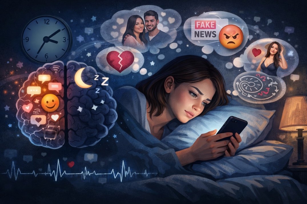 Person scrolling phone at night affecting sleep and brain activity