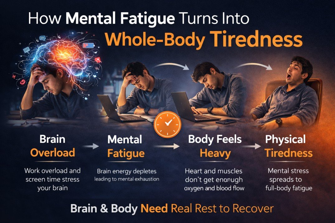 Infographic showing how brain overload from screen work leads to physical exhaustion, heavy body, and low energy throughout the day.
