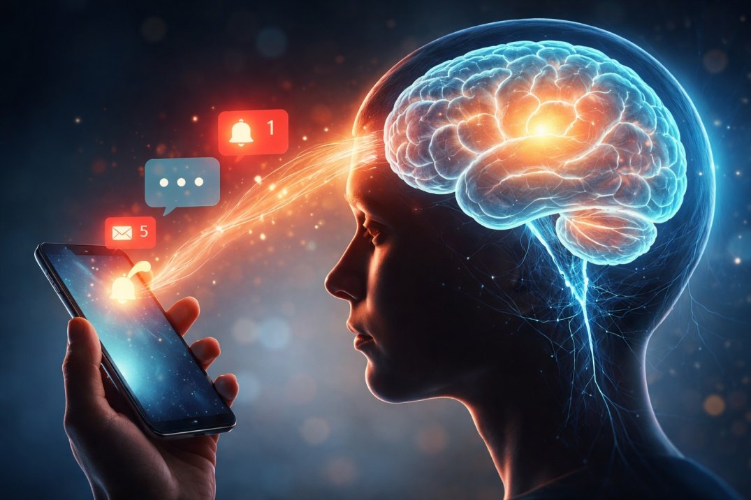 Phone notification distracting brain and breaking focus while using smartphone