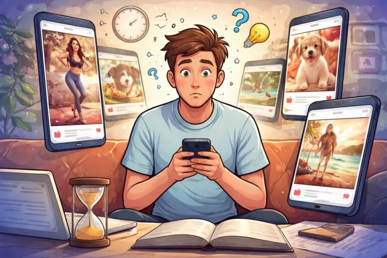 Illustration of a young man distracted by short videos on his phone while study materials sit ignored, showing how social media clips affect attention span.