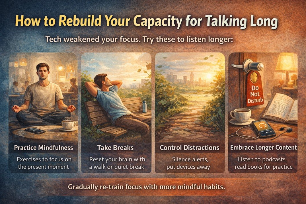 Infographic showing ways to rebuild focus for long conversations without distraction