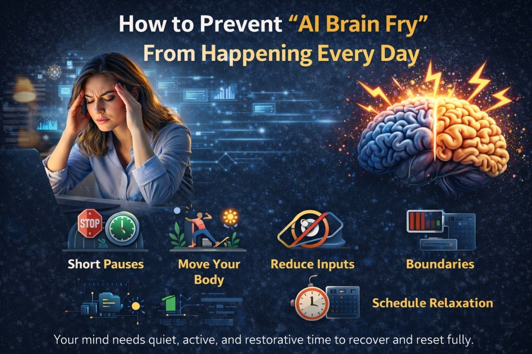 Infographic showing ways to prevent mental fatigue from using AI tools including breaks, movement, and reduced input