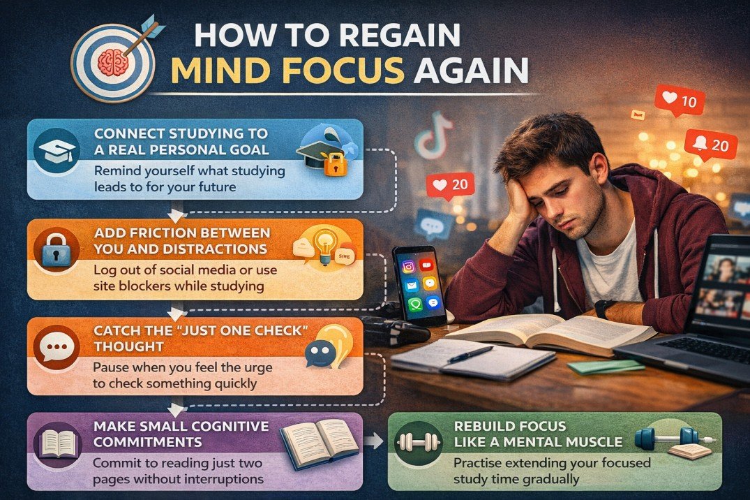 Infographic showing practical ways college students can regain focus while studying, including reducing social media distractions and building stronger study habits.