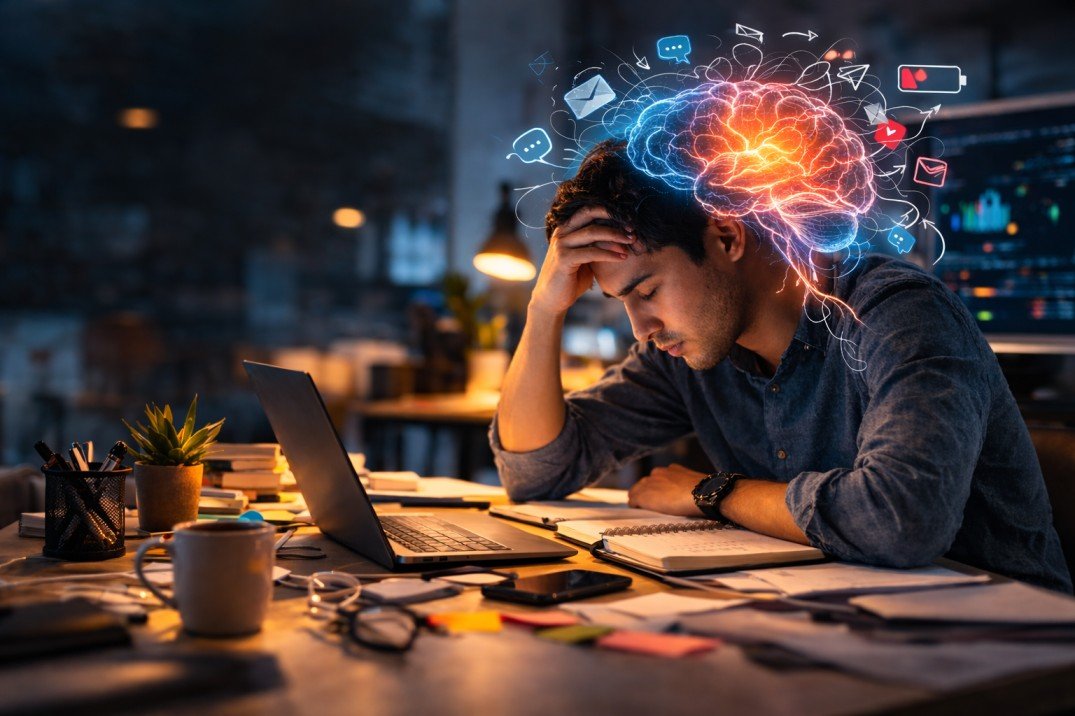 Overwhelmed after hours of computer work? Visual depiction of brain fatigue, digital overload, and exhaustion caused by nonstop screen use.