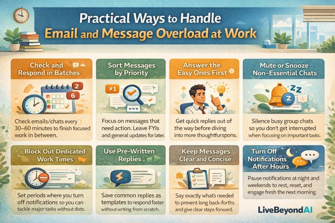 Infographic showing practical tips to manage email and chat overload at work, including batching messages, prioritising tasks, and muting notifications