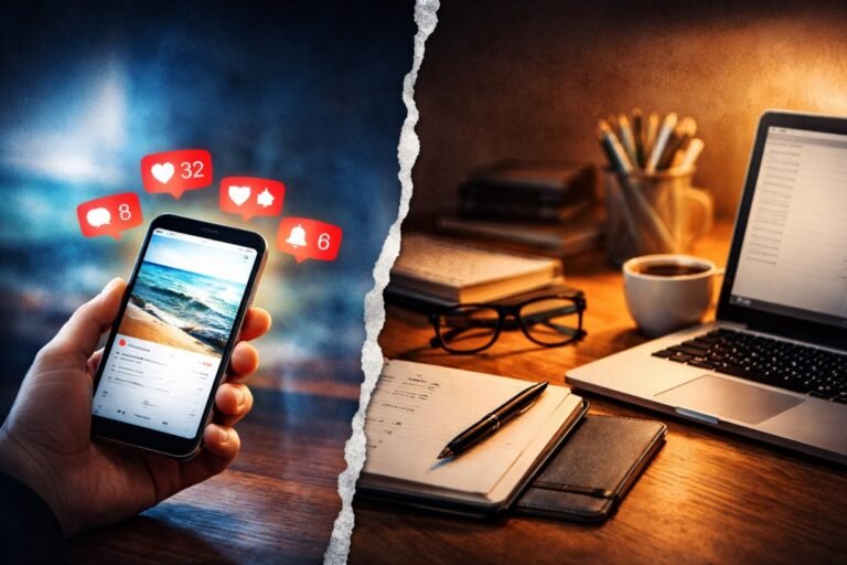 Phone with social media notifications vs workspace showing distraction from work