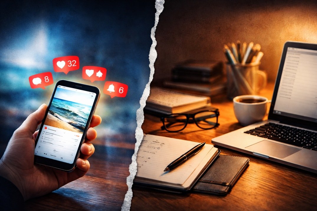 Phone with social media notifications vs workspace showing distraction from work