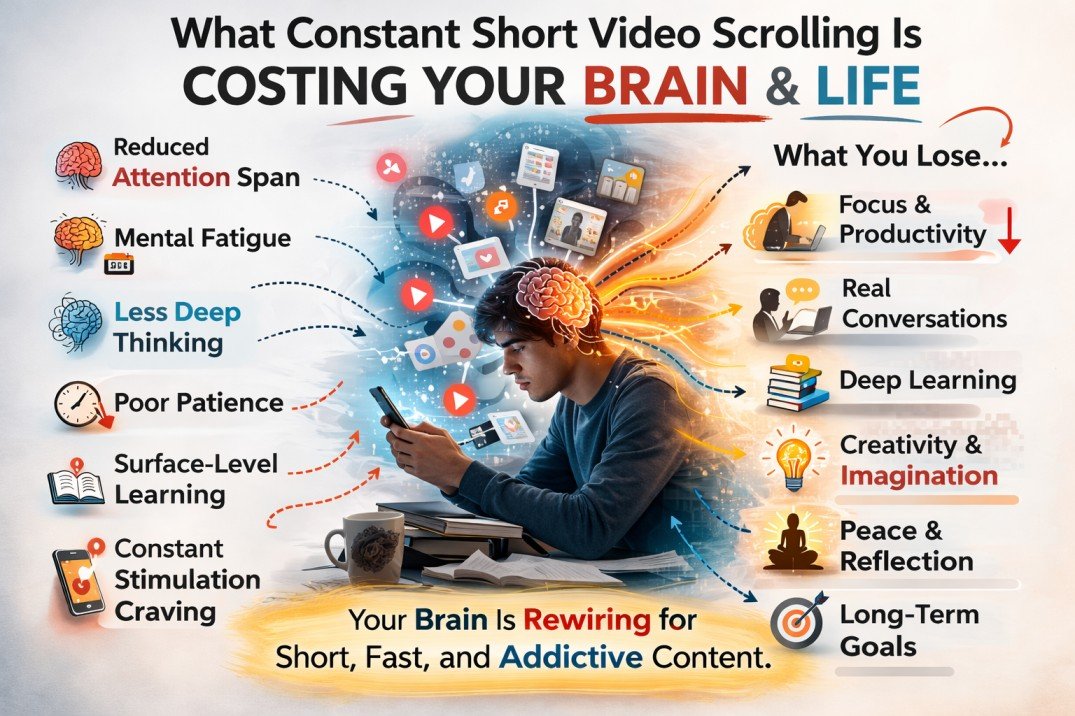 Discover the hidden cognitive costs of constant short video scrolling and how it affects attention span, deep thinking, focus, and real-life productivity.