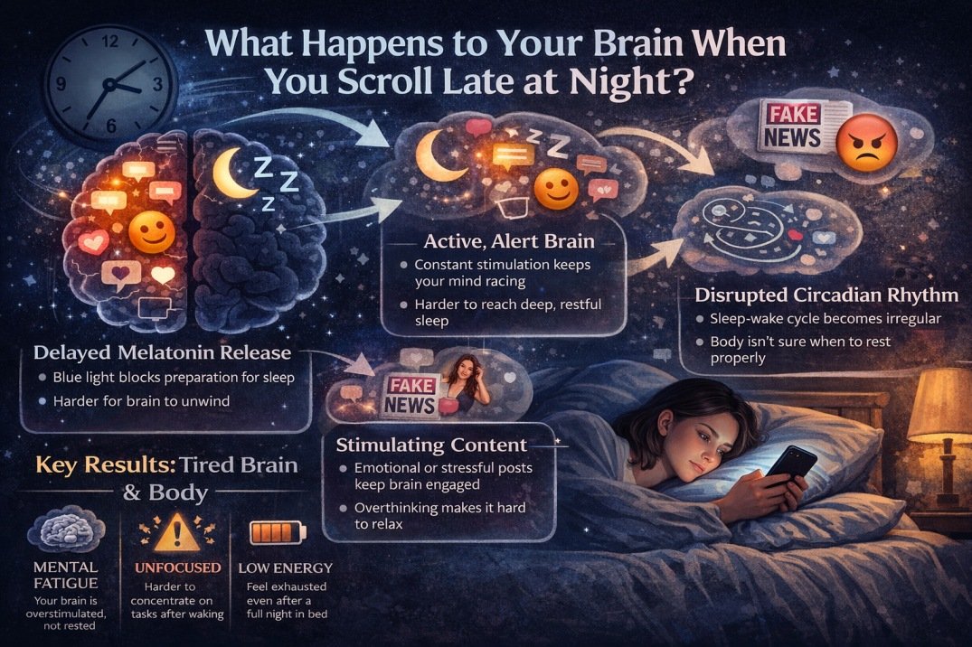 Infographic showing effects of late night scrolling on brain and sleep cycle