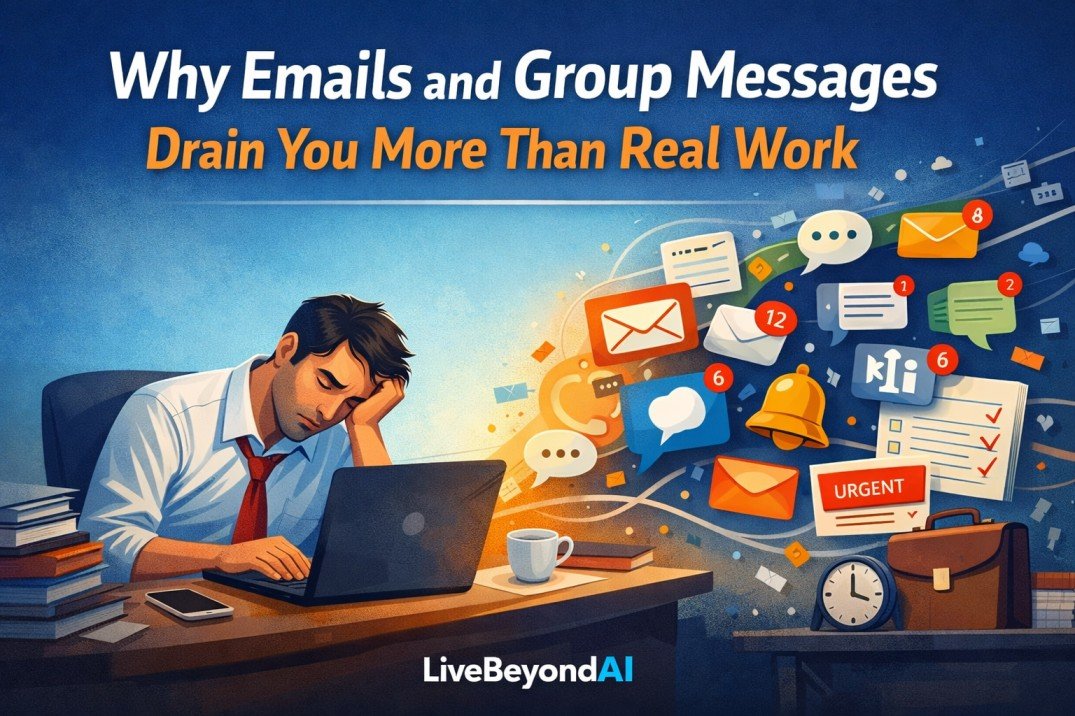 Exhausted office worker overwhelmed by emails, notifications, and work messages on laptop and phone