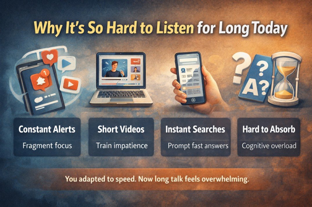 Infographic showing how notifications, short videos, and instant searches reduce attention span
