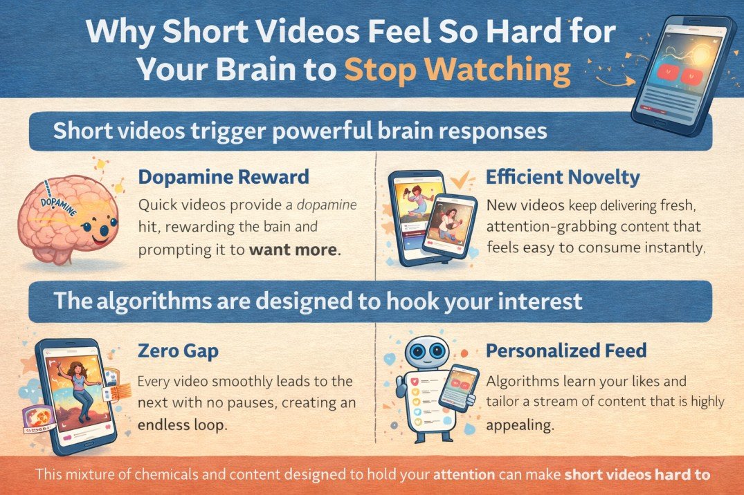 Infographic explaining why short videos are hard to stop watching, showing dopamine reward, endless scrolling, novelty effect, and personalized algorithms that keep the brain hooked.