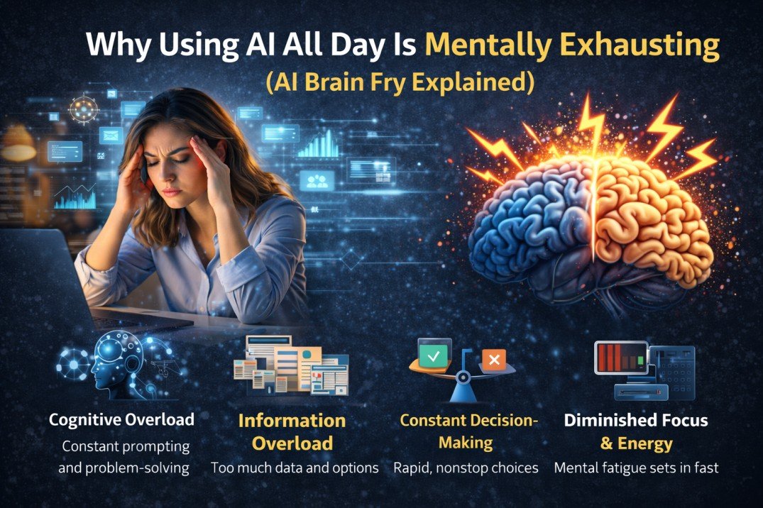 Infographic showing mental exhaustion from using AI tools all day with stressed woman and brain overload illustration