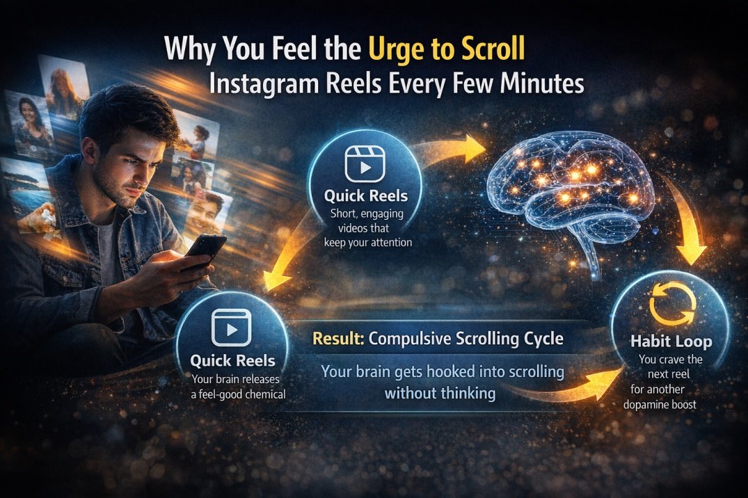 Infographic showing why people keep scrolling Instagram reels and habit loop
