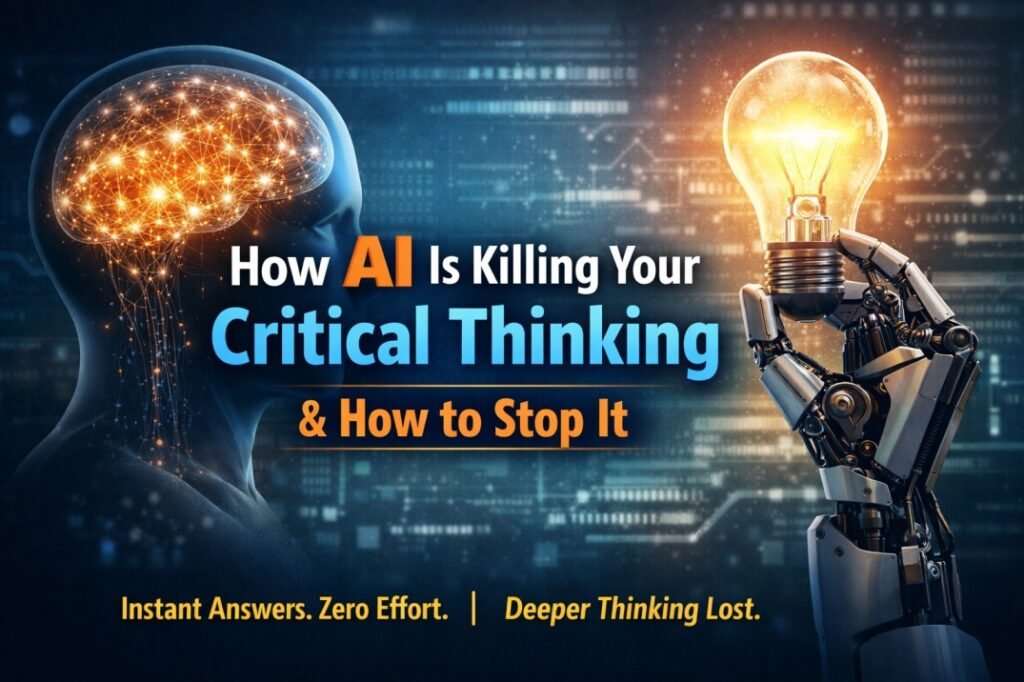 Human brain glowing with neural activity contrasted with robotic AI hand holding a lightbulb, representing AI impact on critical thinking