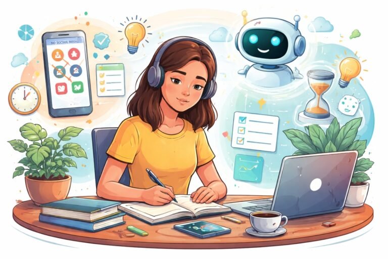 Young woman focused on studying and productivity with AI tools and digital icons representing focus, planning, and reduced distraction
