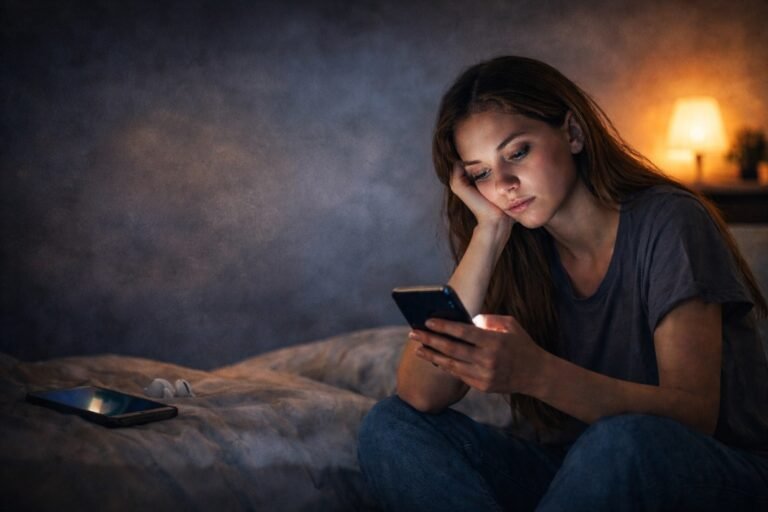 Young woman scrolling phone late at night feeling tired and disconnected