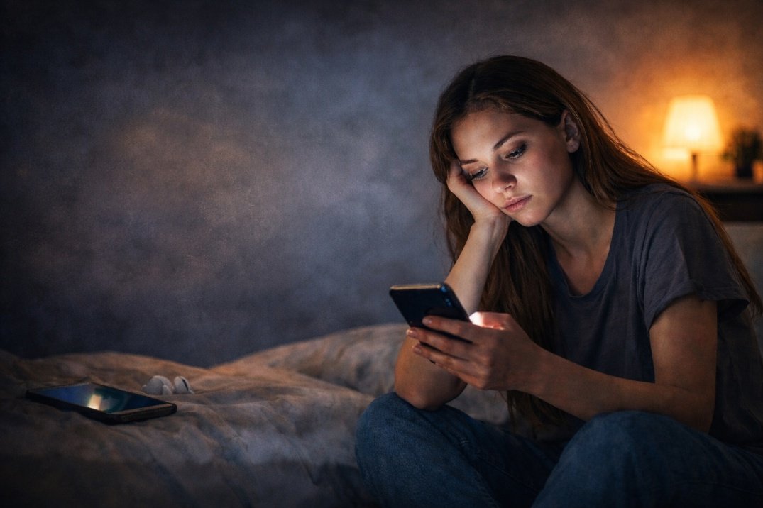Young woman scrolling phone late at night feeling tired and disconnected