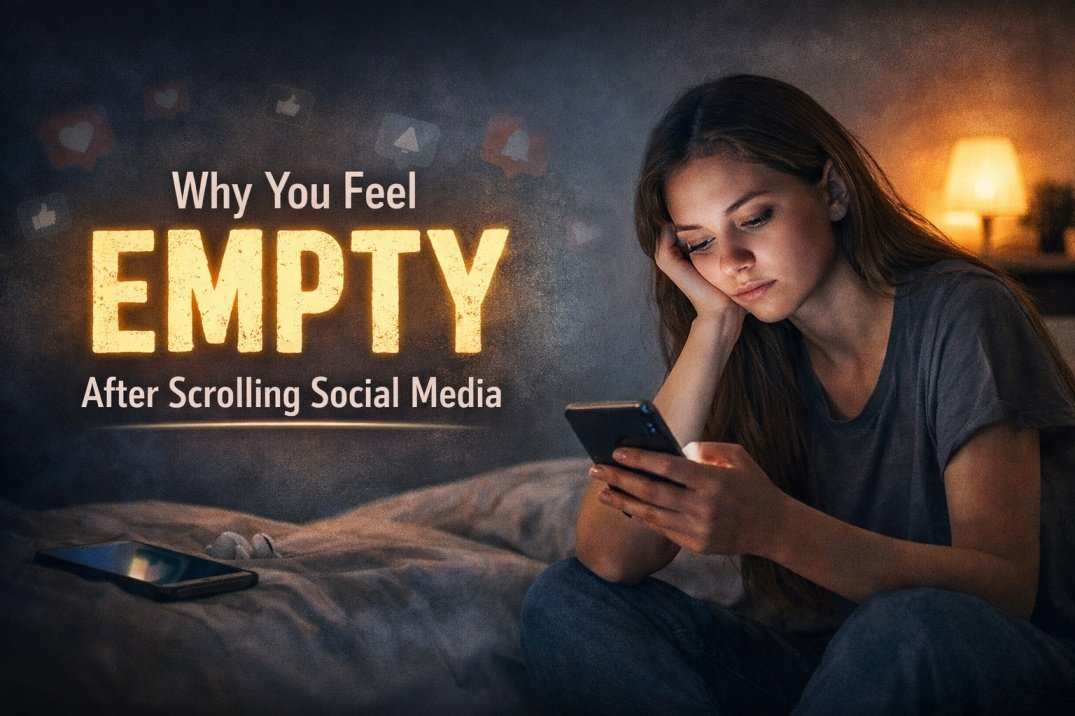 Woman looking tired while using phone at night after scrolling social media