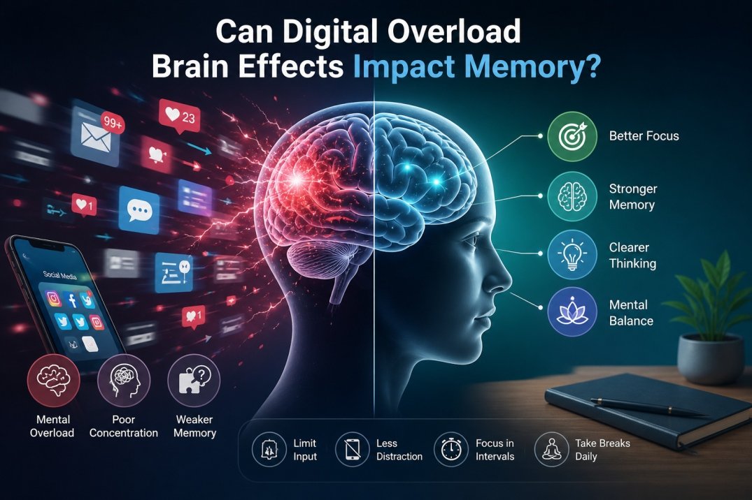 Can digital overload brain effects impact memory infographic showing reduced focus and weaker memory