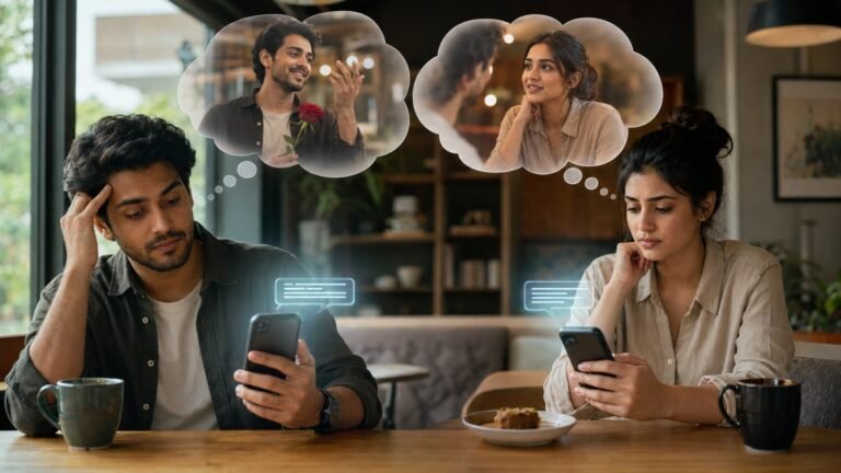 Young man and woman using AI to create more attractive personalities while messaging