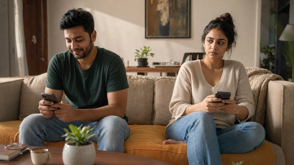 Couple sitting apart while using their phones during a relationship conversation